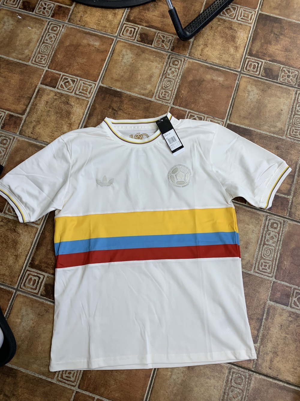 adidas Originals White Short Sleeve Jersey with Yellow, Blue & Red Stripes